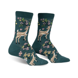 dark green socks with brown deer standing on hind legs. pink flowers, green leaves on antlers. pink toe and heel. womens crew length.   