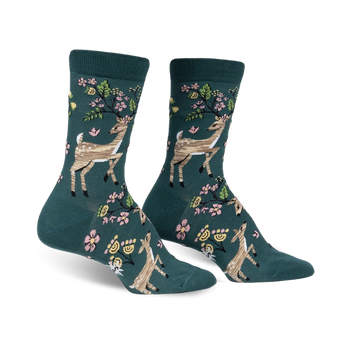 dark green socks with brown deer standing on hind legs. pink flowers, green leaves on antlers. pink toe and heel. womens crew length.   