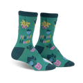 Pair of women's crew socks. Green background with illustrations of potted plants, cacti, and flowers with happy faces. Text reads 'Plant Mom'.