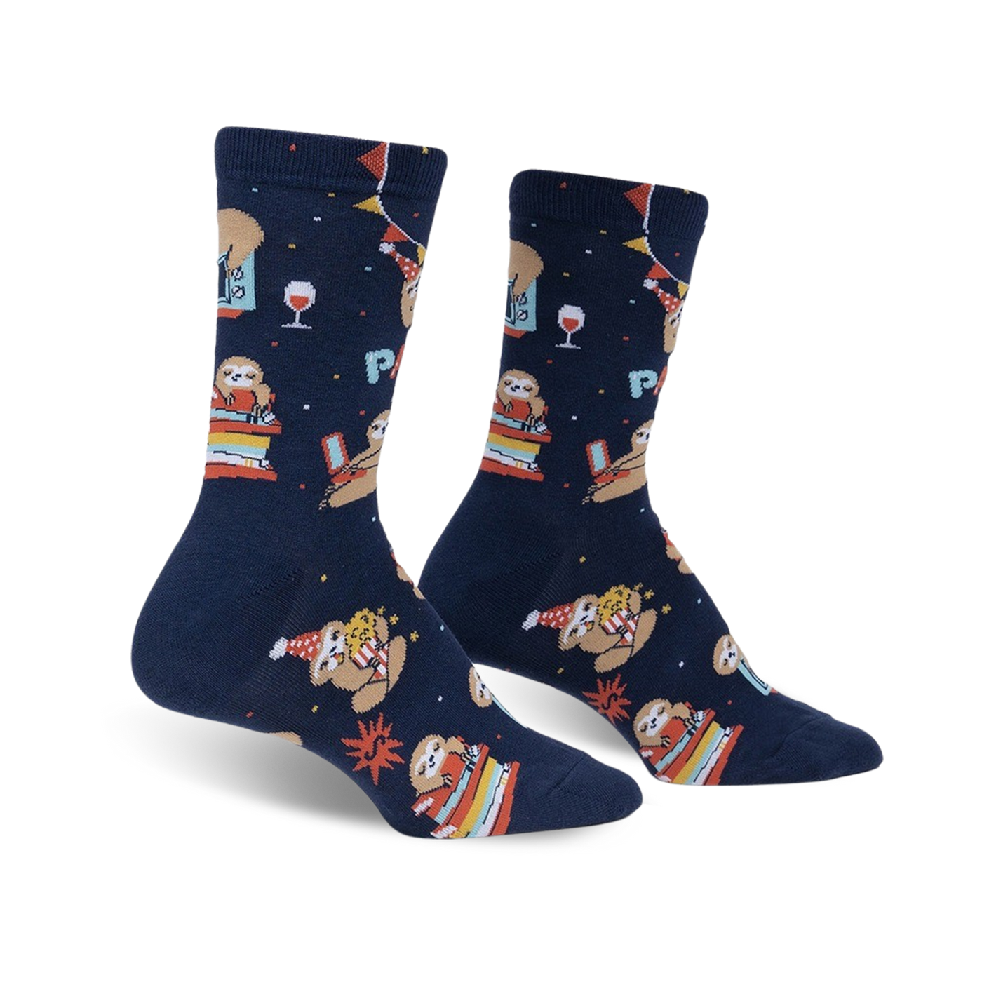 Pair of navy blue crew socks featuring sloths celebrating a party with colorful party hats, presents, and wine glasses.