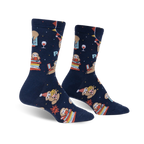 Pair of navy blue crew socks featuring sloths celebrating a party with colorful party hats, presents, and wine glasses.