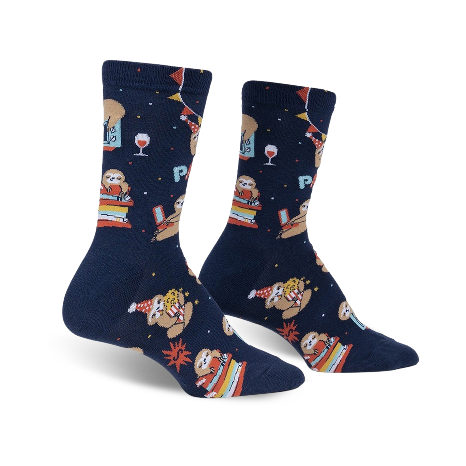 Pair of navy blue crew socks featuring sloths celebrating a party with colorful party hats, presents, and wine glasses.