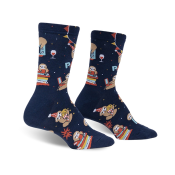 dark blue womens crew socks feature a pattern of sloths with party hats holding various party supplies.  