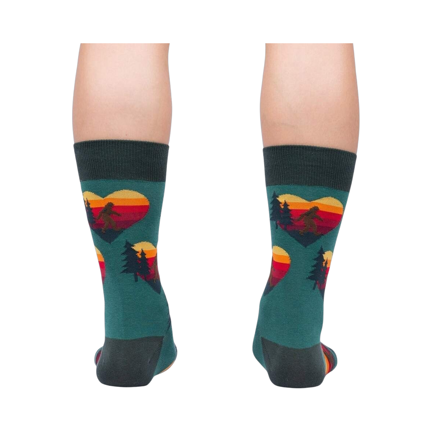 Rear view of the teal socks, showcasing the back and heel; the design is visible on the back of the socks.