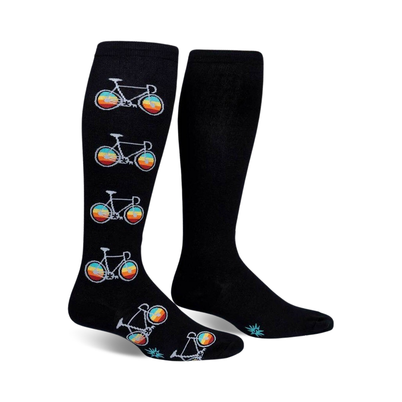 Pair of black knee-high socks with repeating patterns of retro-colored bicycles. 