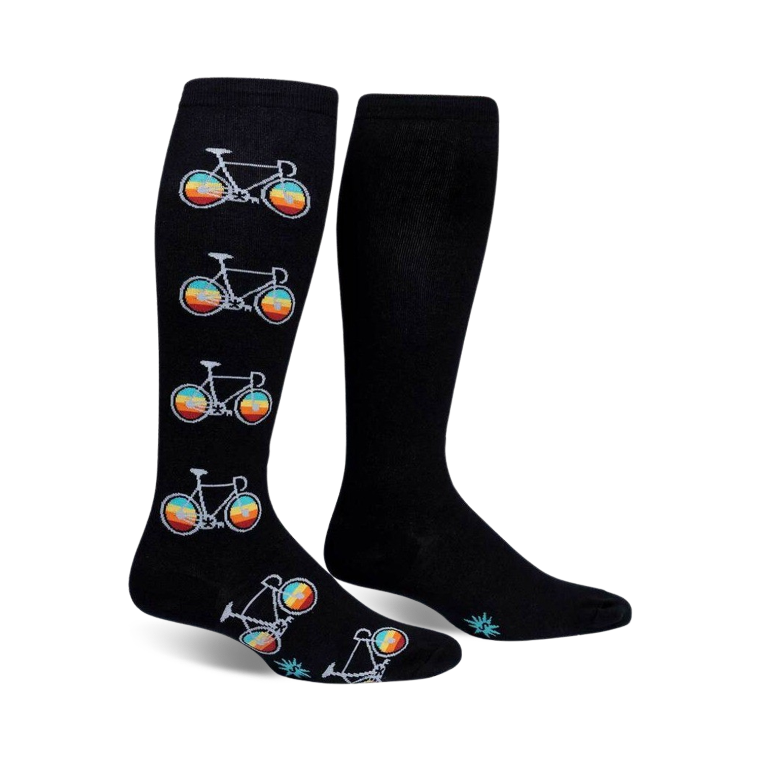 Pair of black knee-high socks with repeating patterns of retro-colored bicycles. 