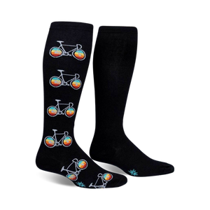  black knee high wide calf bicycle rainbow wheel pattern socks for men and women  