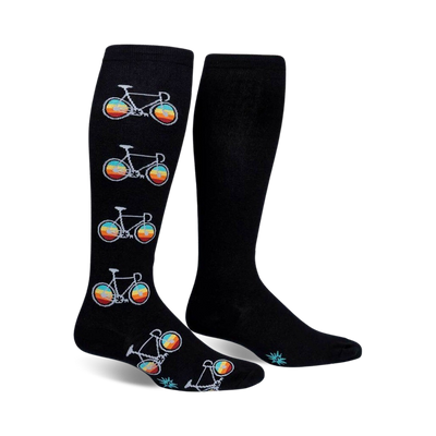  black knee high wide calf bicycle rainbow wheel pattern socks for men and women  