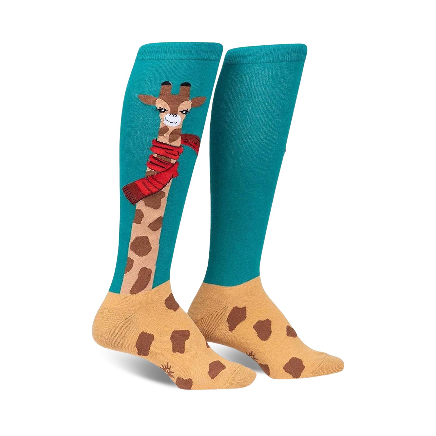 Pair of teal and tan knee-high socks featuring a whimsical giraffe design wearing a red scarf.
