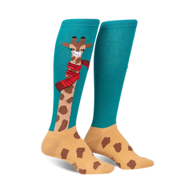bundled up up up giraffe themed womens blue novelty knee high socks