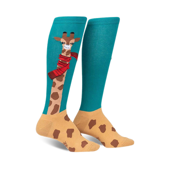 bundled up up up giraffe themed womens blue novelty knee high socks