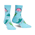 Pair of light blue crew socks with ice-skating dinosaurs in pink, green, and teal.  A fun, whimsical design!
