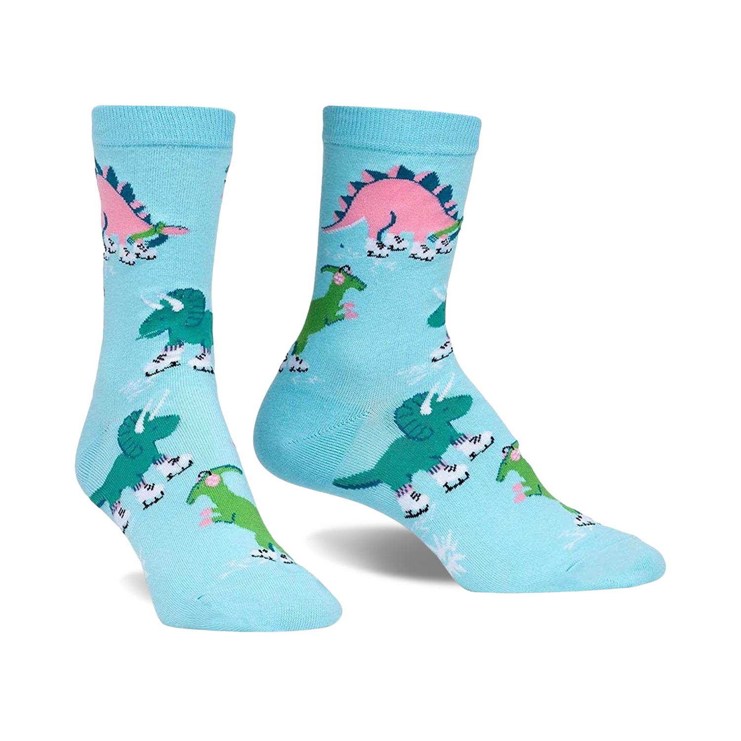 Pair of light blue crew socks with ice-skating dinosaurs in pink, green, and teal.  A fun, whimsical design!