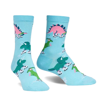 blue womens dinosaur crew socks with a fun ice skating triceratops, t-rex, and pterodactyl pattern.   