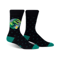 Pair of black crew socks with teal accents. One sock features a graphic of a T-Rex drinking beer in a circular design.