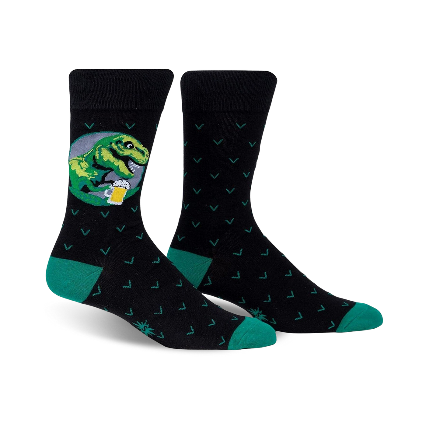 Pair of black crew socks with teal accents. One sock features a graphic of a T-Rex drinking beer in a circular design.
