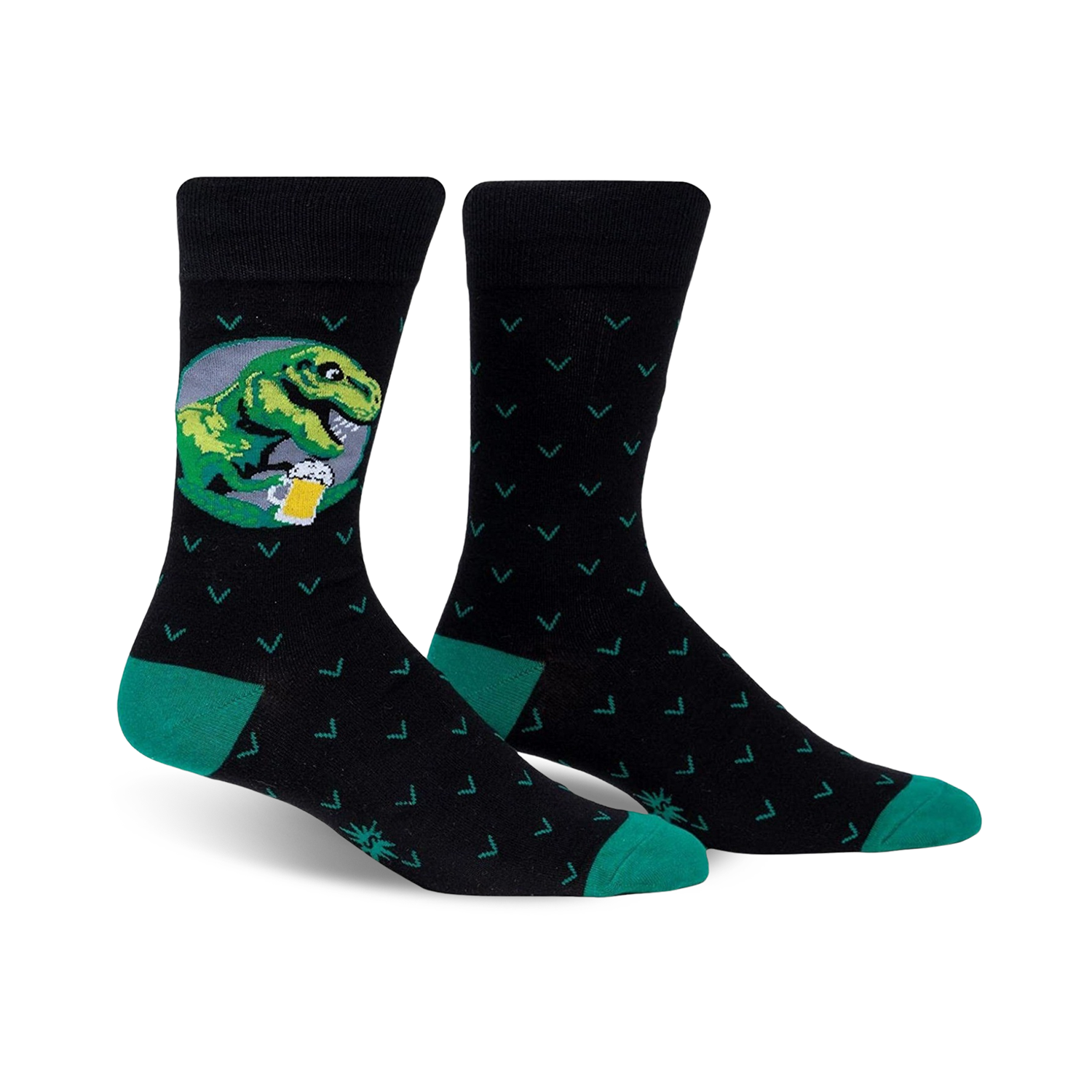 Pair of black crew socks with teal accents. One sock features a graphic of a T-Rex drinking beer in a circular design.