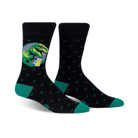 black crew socks with green chevron pattern and dinosaur with hat and beer mug on front.   