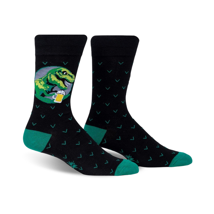 black crew socks with green chevron pattern and dinosaur with hat and beer mug on front.    }}