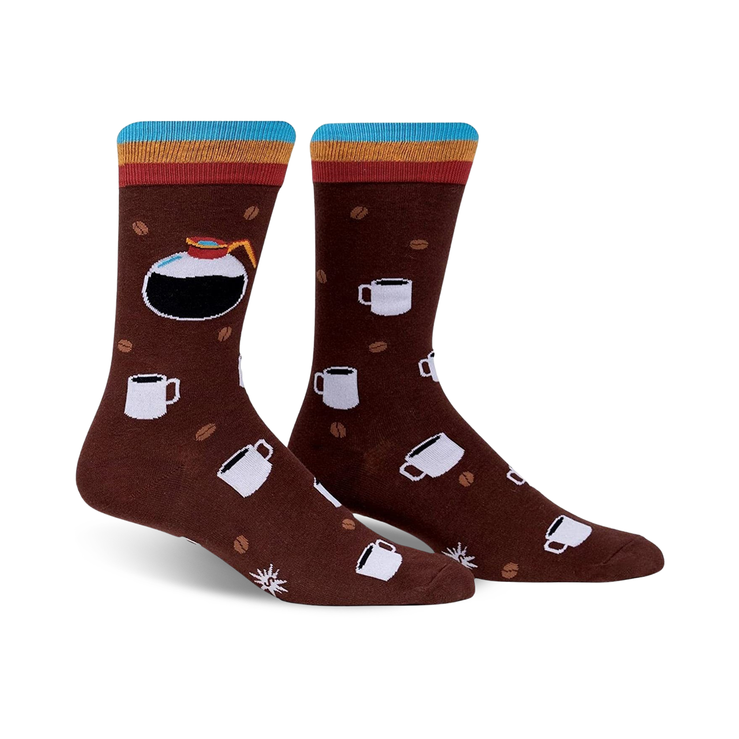 A pair of brown crew socks with a colorful stripe at the top. The socks feature a design of coffee pots, mugs, and coffee beans.