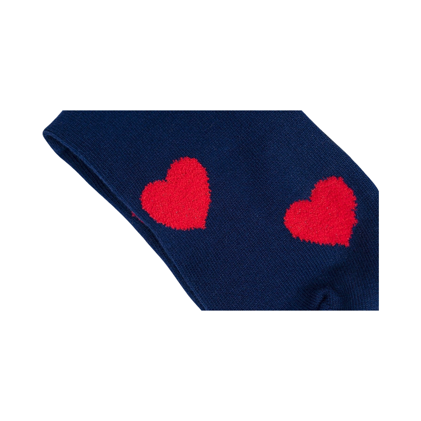 Flatlay image of a pair of navy blue crew socks with red fuzzy hearts.