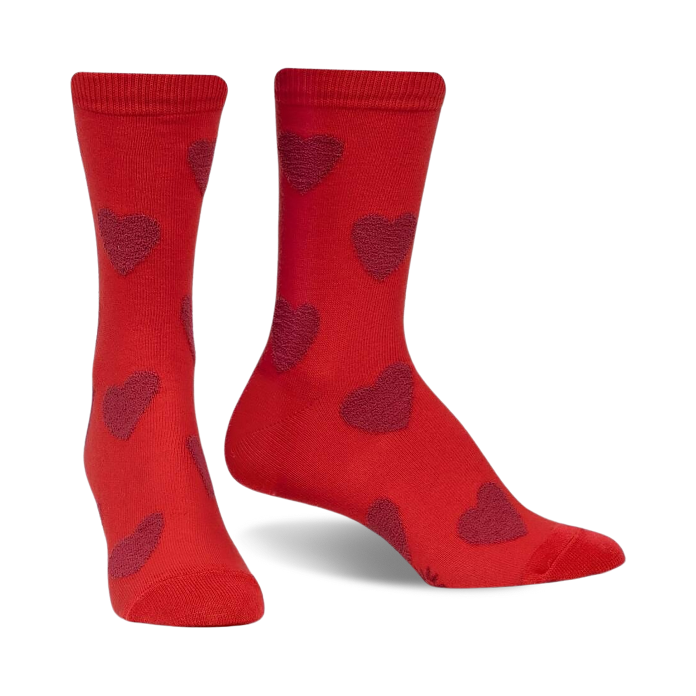 Pair of crew socks; red with maroon fuzzy hearts, shown from the side and slightly angled. 