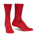Pair of crew socks; red with maroon fuzzy hearts, shown from the side and slightly angled. 