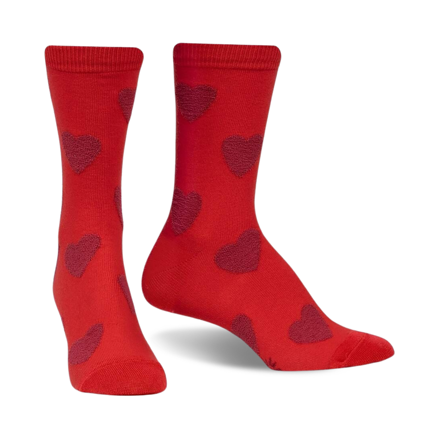 Pair of crew socks; red with maroon fuzzy hearts, shown from the side and slightly angled. 