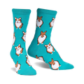 Teal crew socks covered in repeating images of brown and white corgis.  Some corgis are facing forward, others show their fluffy butts.