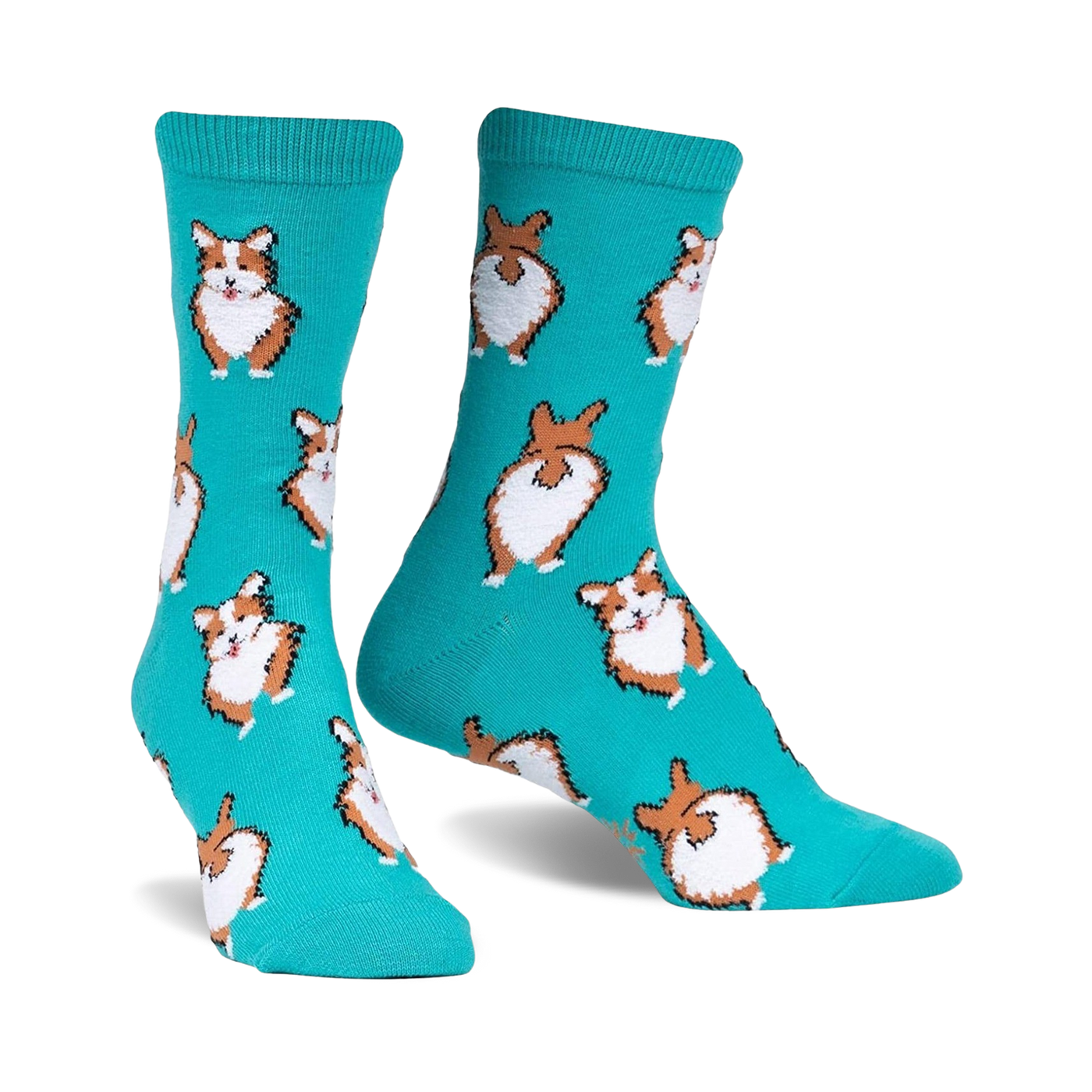 Teal crew socks covered in repeating images of brown and white corgis.  Some corgis are facing forward, others show their fluffy butts.