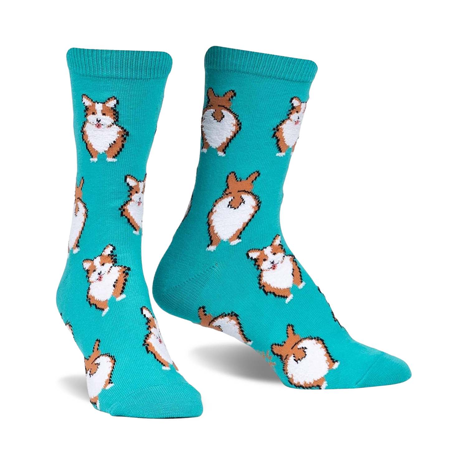 Teal crew socks covered in repeating images of brown and white corgis.  Some corgis are facing forward, others show their fluffy butts.
