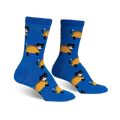A pair of blue crew socks with a pattern of black tuxedo cats inside tacos.  A fun and quirky design.