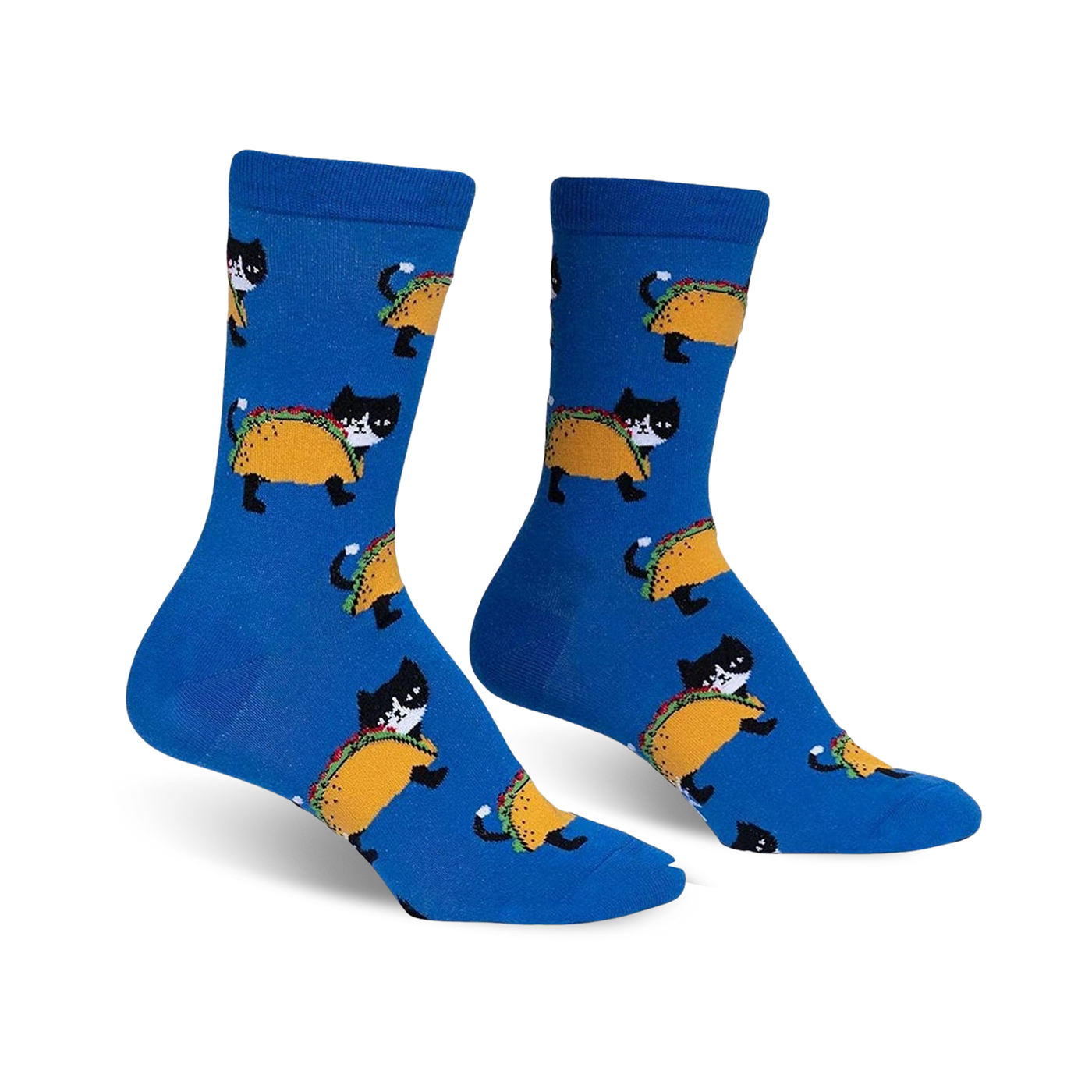 A pair of blue crew socks with a pattern of black tuxedo cats inside tacos.  A fun and quirky design.