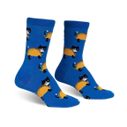 A pair of blue crew socks with a pattern of black tuxedo cats inside tacos.  A fun and quirky design.