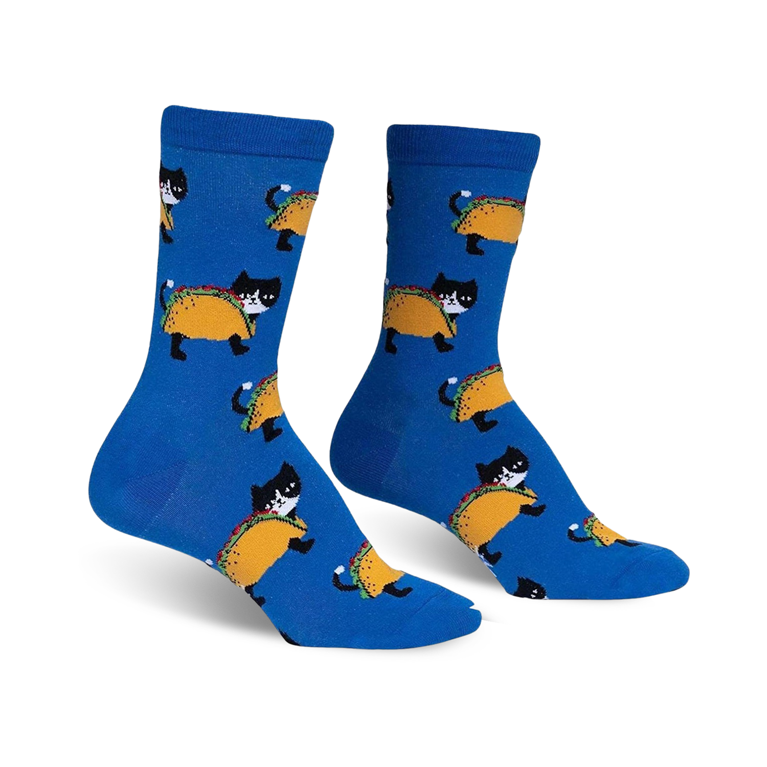 A pair of blue crew socks with a pattern of black tuxedo cats inside tacos.  A fun and quirky design.