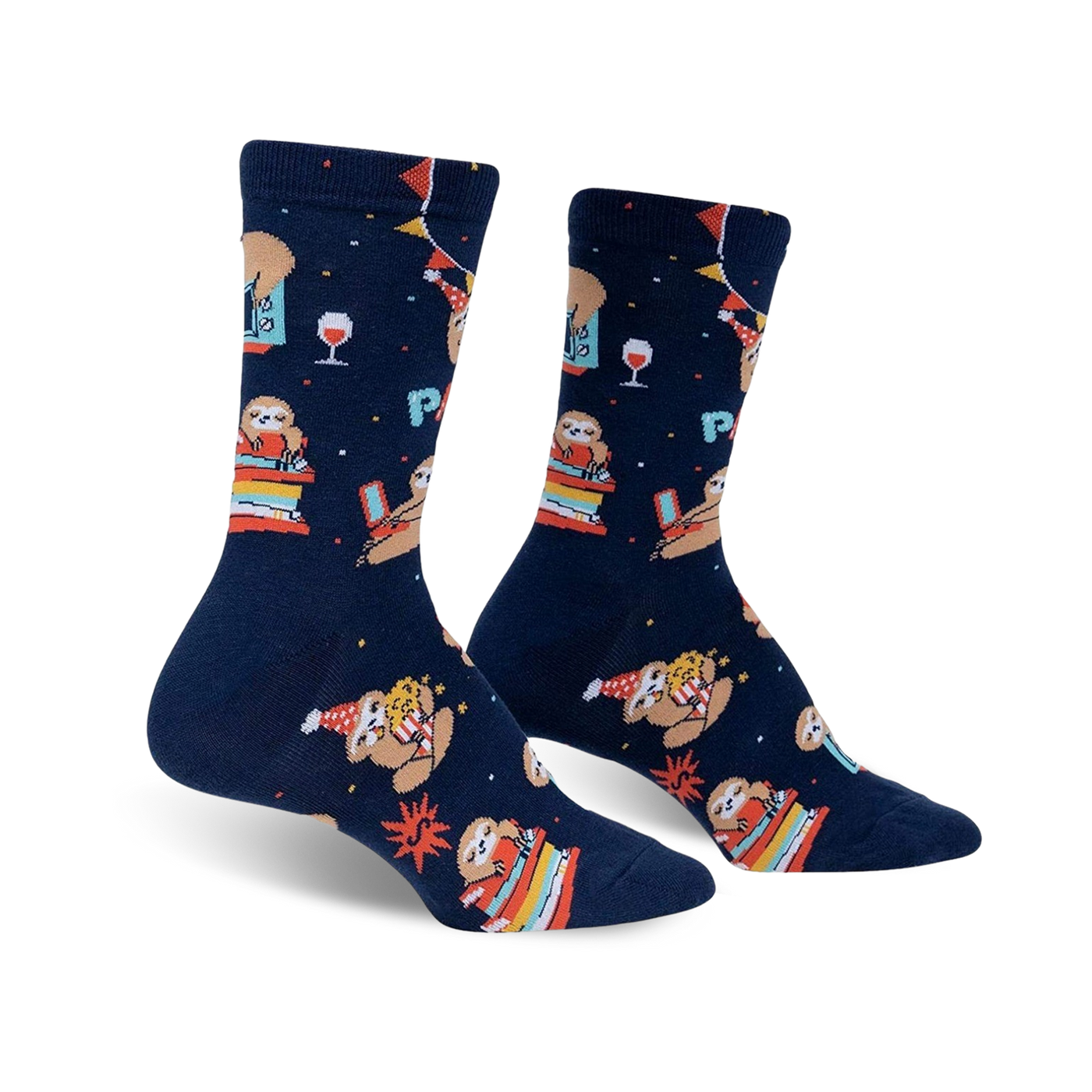Pair of navy blue crew socks featuring sloths celebrating with books, wine, and party hats.  Red, orange, and yellow design elements.