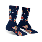 Pair of navy blue crew socks featuring sloths celebrating with books, wine, and party hats.  Red, orange, and yellow design elements.