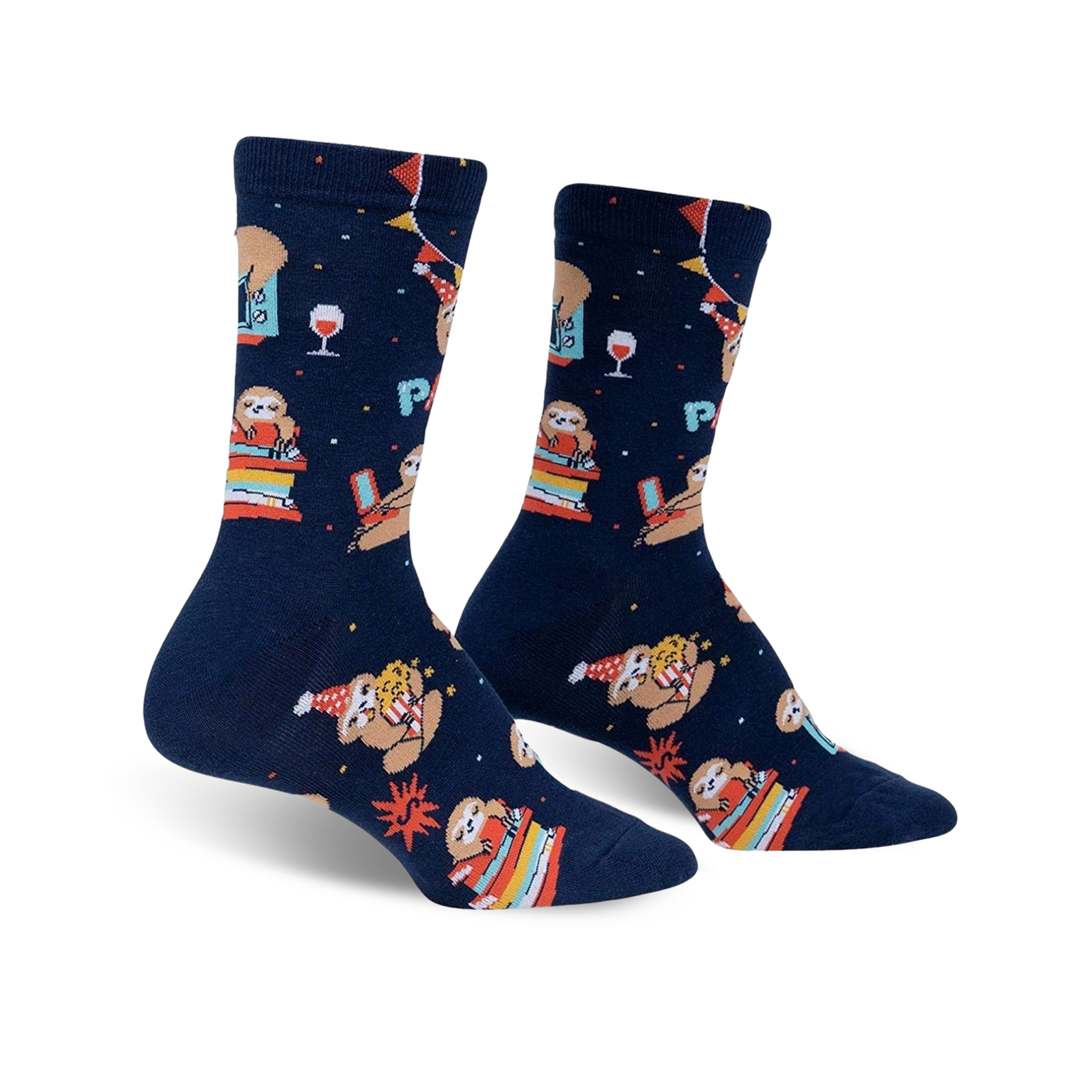 Pair of navy blue crew socks featuring sloths celebrating with books, wine, and party hats.  Red, orange, and yellow design elements.
