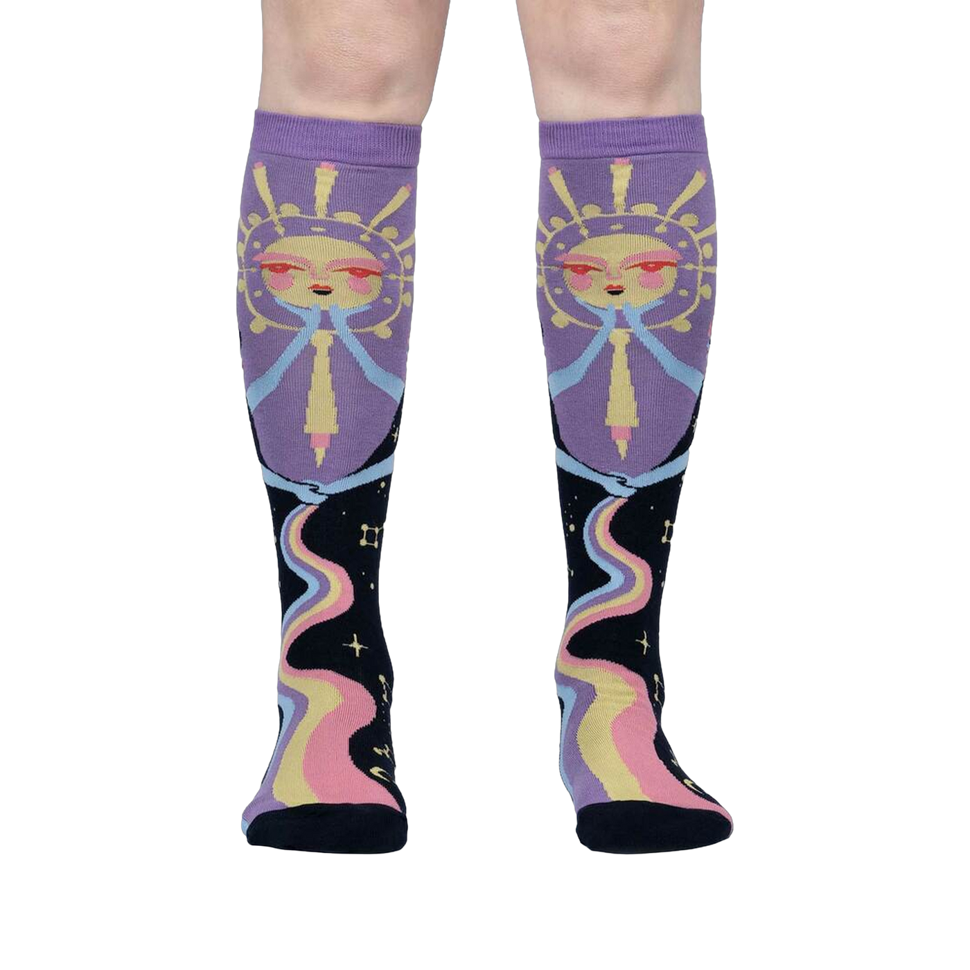 Front view of model wearing a pair of Cosmic Connection knee-high socks.