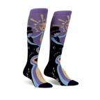 Pair of women's knee-high socks. Purple and black with a celestial design featuring two women, a sun, and a rainbow river of stars.