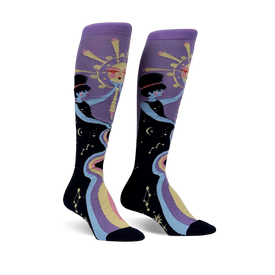 purple knee-high socks with black toes and heels, featuring a sorceress in a moon, stars and a rainbow.   