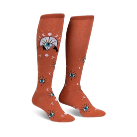 funky orange knee-high socks with a celestial eye, moon, and star pattern in blue, white, and yellow.  