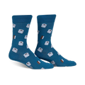Pair of teal crew socks with a whimsical pattern of white toilet paper rolls and brown chocolate bars. Fun and comfortable!