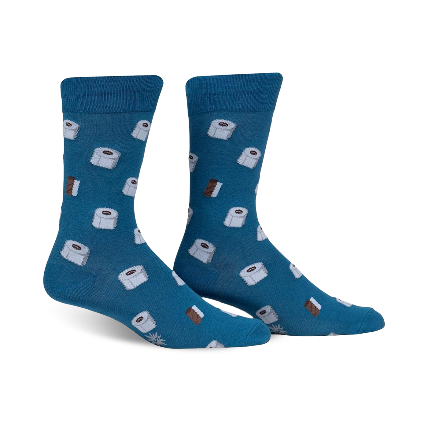 Pair of teal crew socks with a whimsical pattern of white toilet paper rolls and brown chocolate bars. Fun and comfortable!