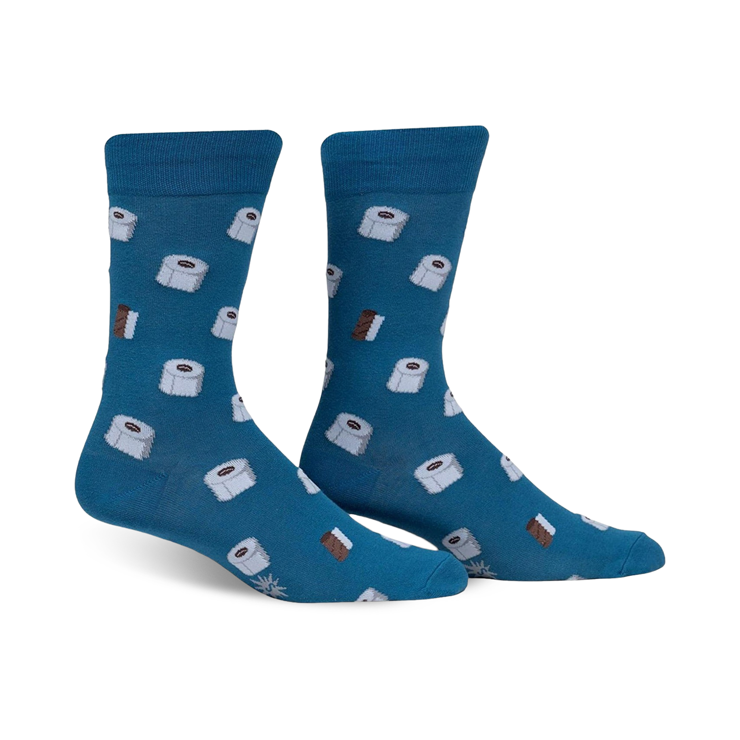 Pair of teal crew socks with a whimsical pattern of white toilet paper rolls and brown chocolate bars. Fun and comfortable!