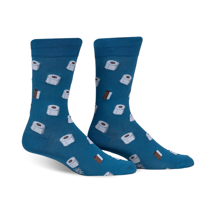 stock up novelty socks with pattern of blue toilet paper rolls and brown logs, crew length, for men.     }}