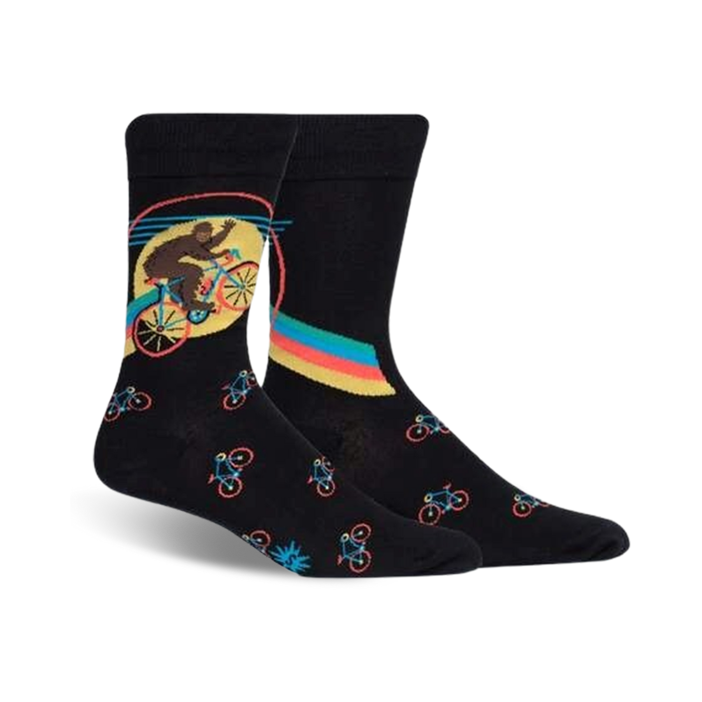 Pair of black crew socks featuring a Bigfoot riding a bike graphic. Smaller bike designs are repeated on the sock.