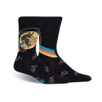Pair of black crew socks featuring a Bigfoot riding a bike graphic. Smaller bike designs are repeated on the sock.