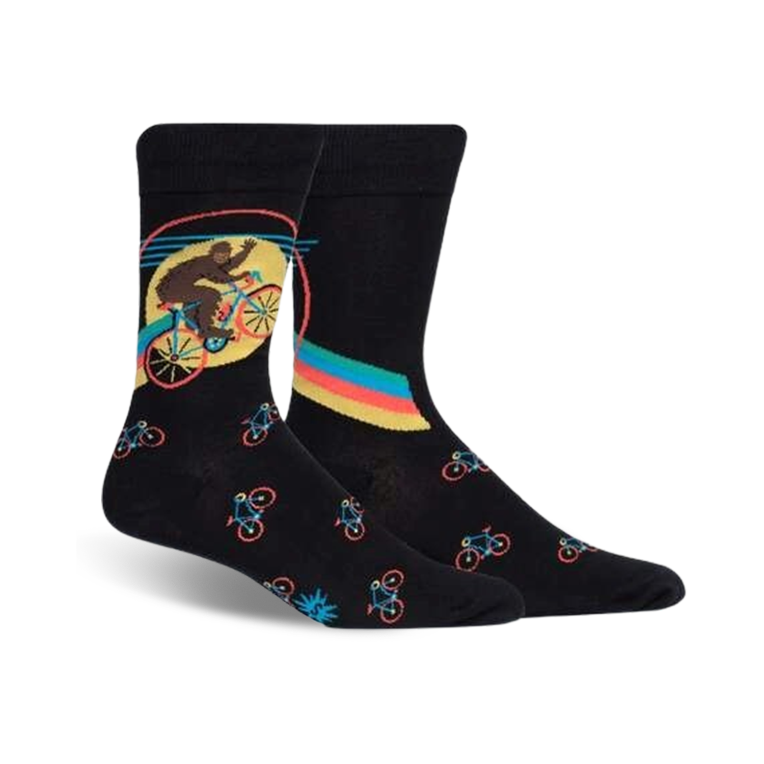 Pair of black crew socks featuring a Bigfoot riding a bike graphic. Smaller bike designs are repeated on the sock.