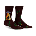 Brown crew socks featuring a Bigfoot sighting, UFO, and green trees.  Fun, quirky design.